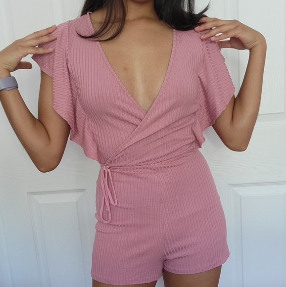 Pink Deep V Ribbed Romper - Picture 3 of 3